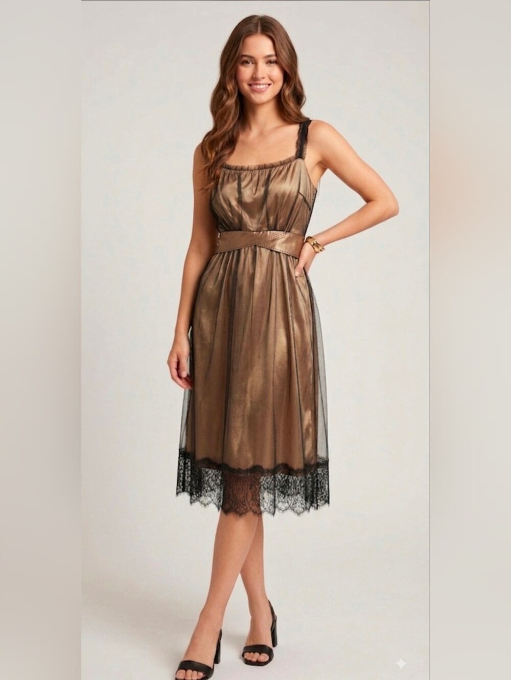Talbots Women’s Sleeveless Black/golden Mesh lined Lace Strap SunDress Size 6